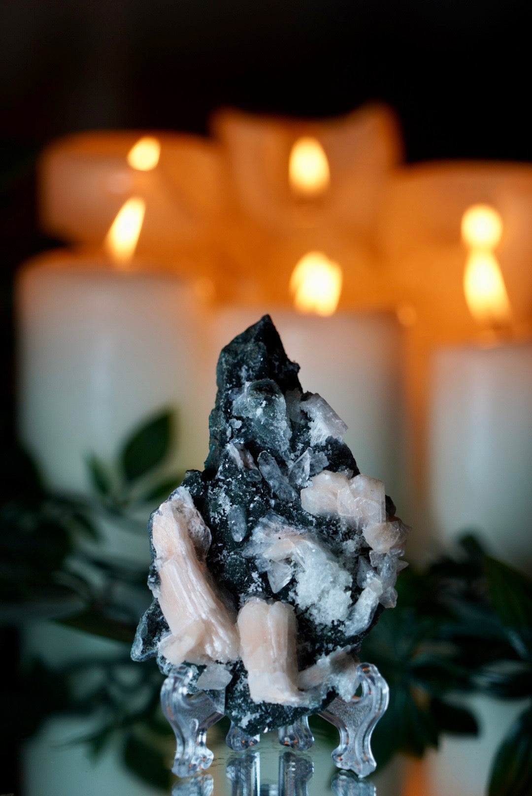 Black Apophyllite with Stilbite on Stand