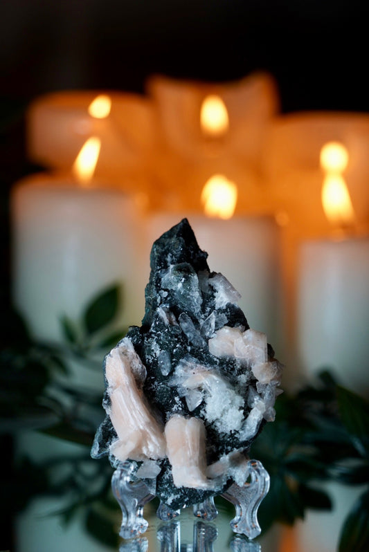 Black Apophyllite with Stilbite on Stand