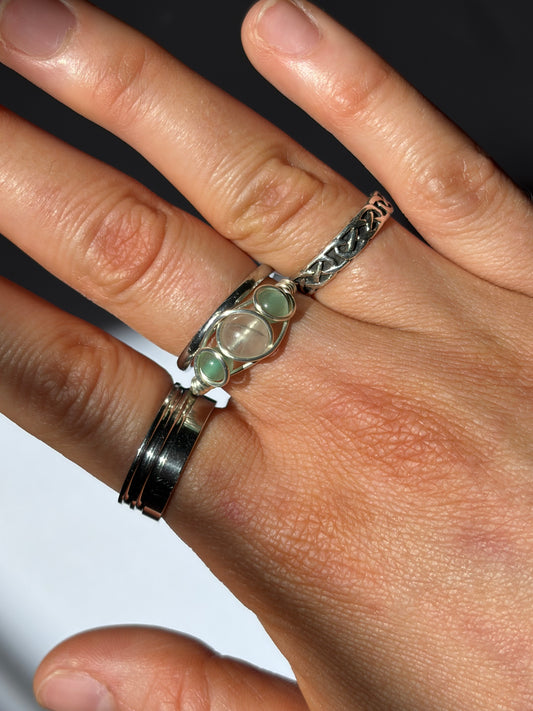 Wire-Wrapped Clear Quartz and Green Aventurine Ring (Pandora Size 58 - US Size 8.25)