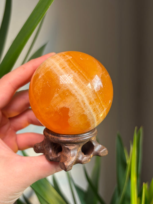 68mm Banded Orange Calcite Sphere with Stand
