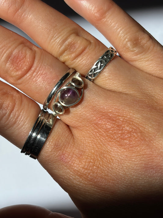 Wire-Wrapped Amethyst and Smokey Quartz Ring (Pandora Size 53 - US size 6.65)