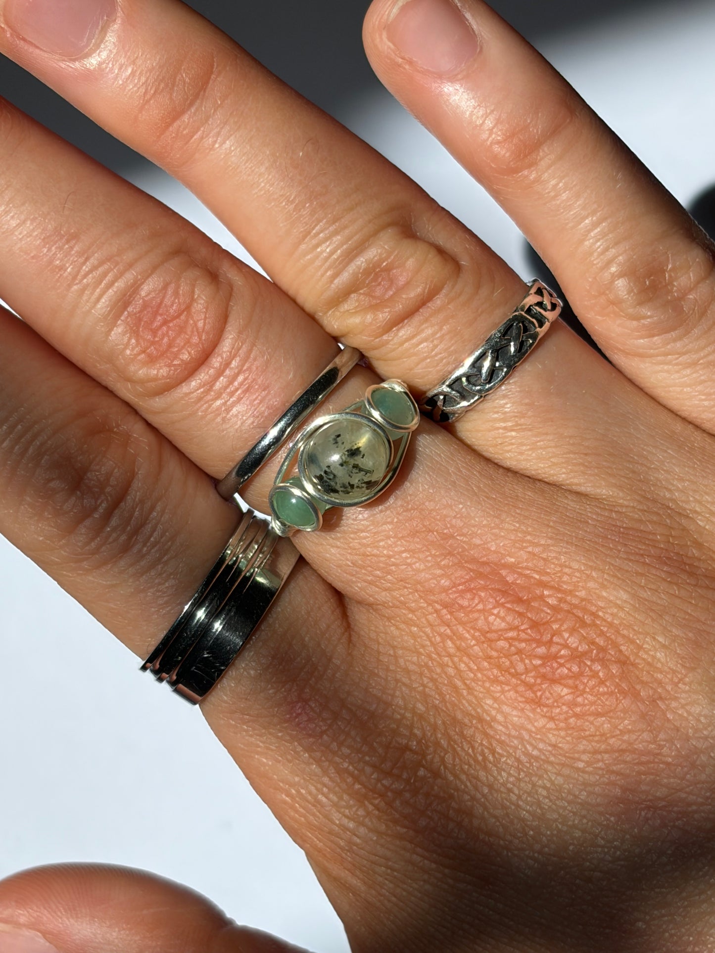 Wire-Wrapped Prehnite and Green Aventurine Ring (Pandora Size 50 - US Size 5.5)