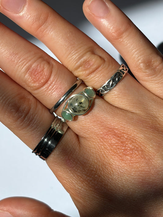 Wire-Wrapped Prehnite and Green Aventurine Ring (Pandora Size 50 - US Size 5.5)