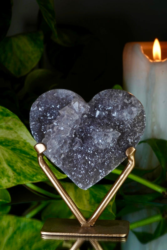 Flower Amethyst Heart Carving on Stand