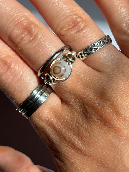 Wire-Wrapped Agate and Smokey Quartz Ring (Pandora Size 50 - US Size 5.5)