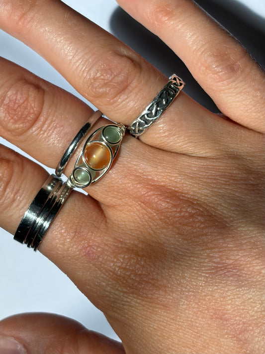 Wire-Wrapped Carnelian with Green Aventurine Ring ( Pandora Size 56 - US Size 7.5)
