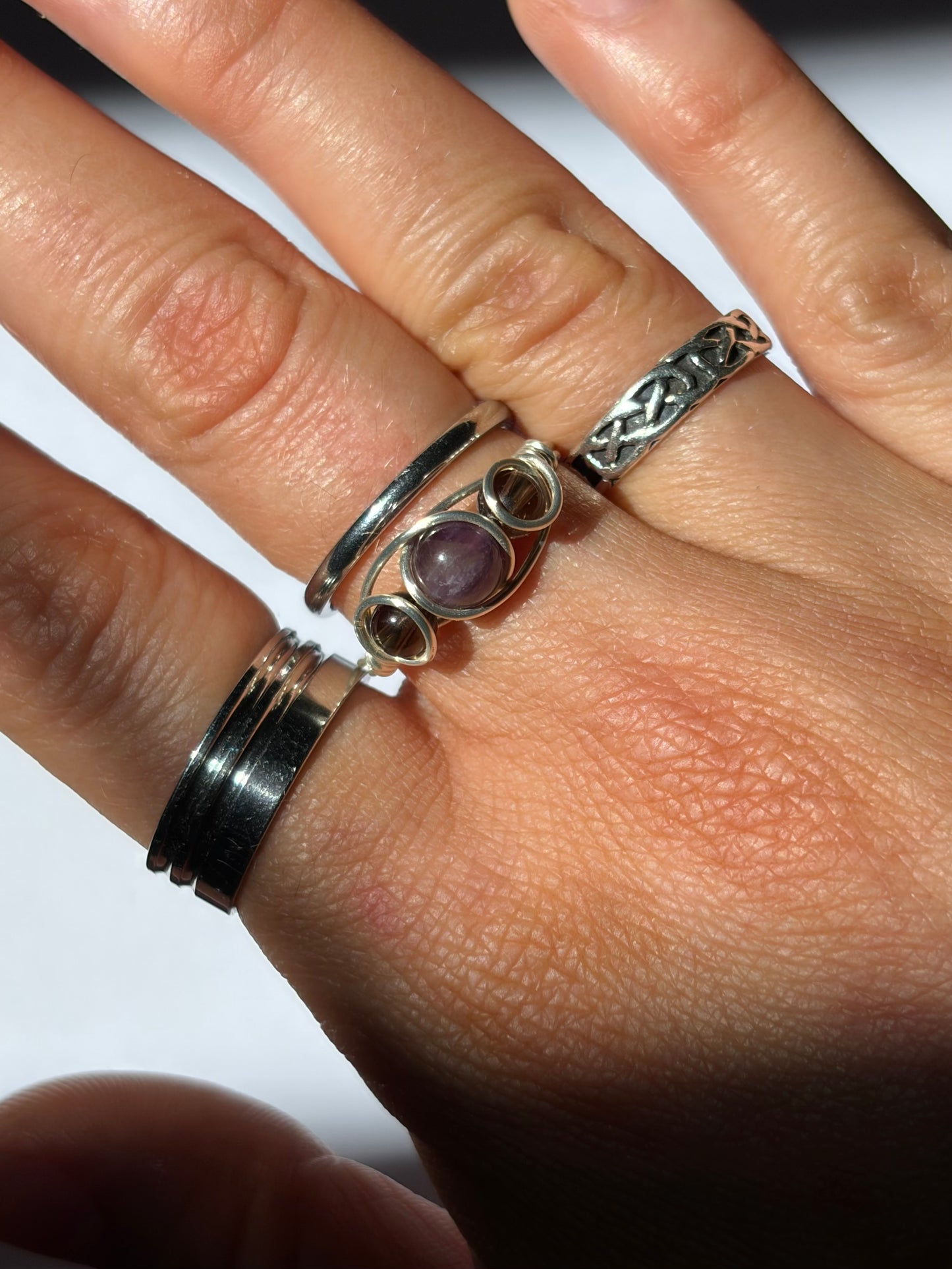 Wire-Wrapped Amethyst and Smokey Quartz Ring (Pandora Size 60 - US Size 9.25)