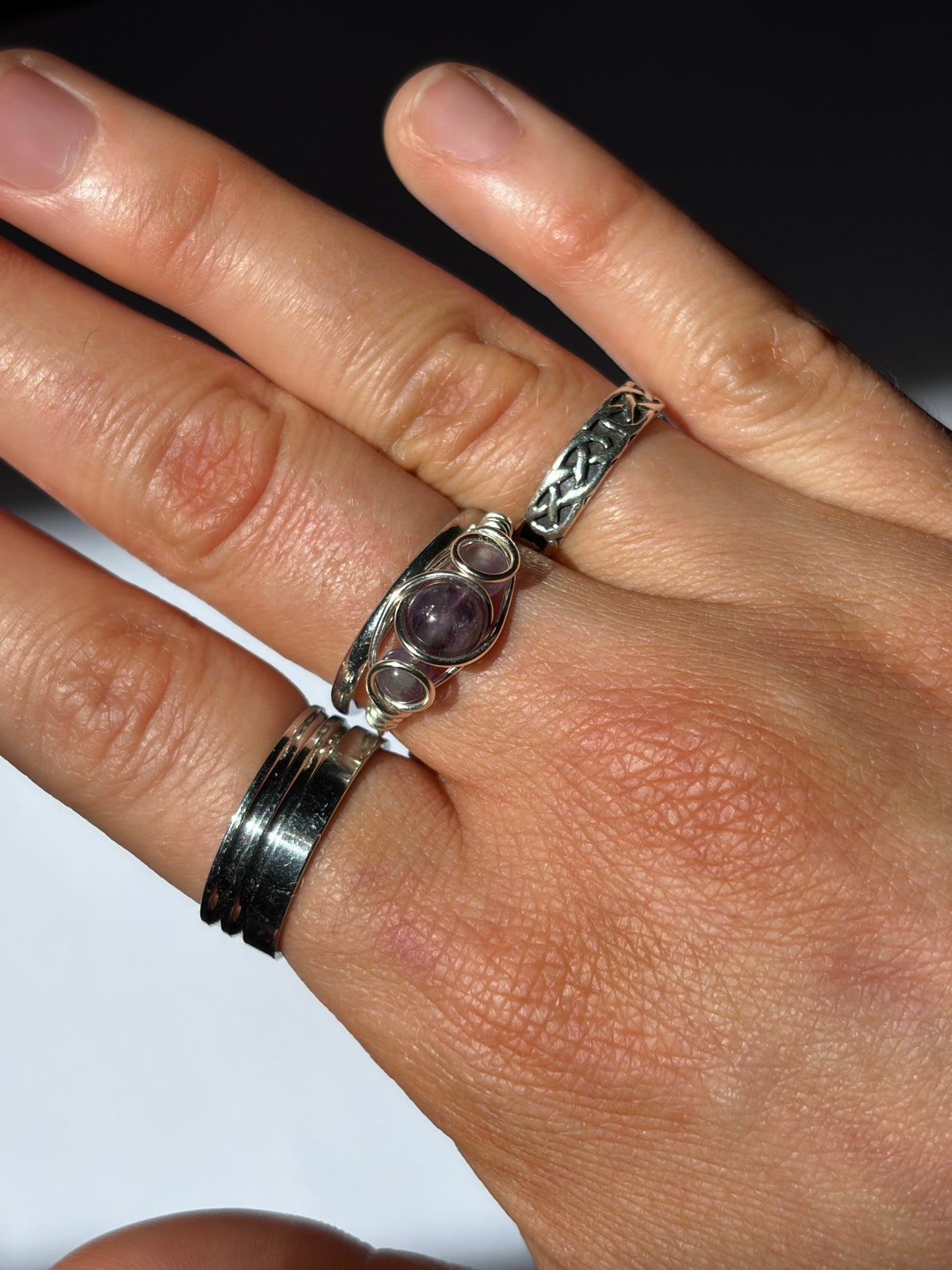 Wire-Wrapped Amethyst and Smokey Quartz Ring (Pandora Size 53.5 - US Size 6.75)