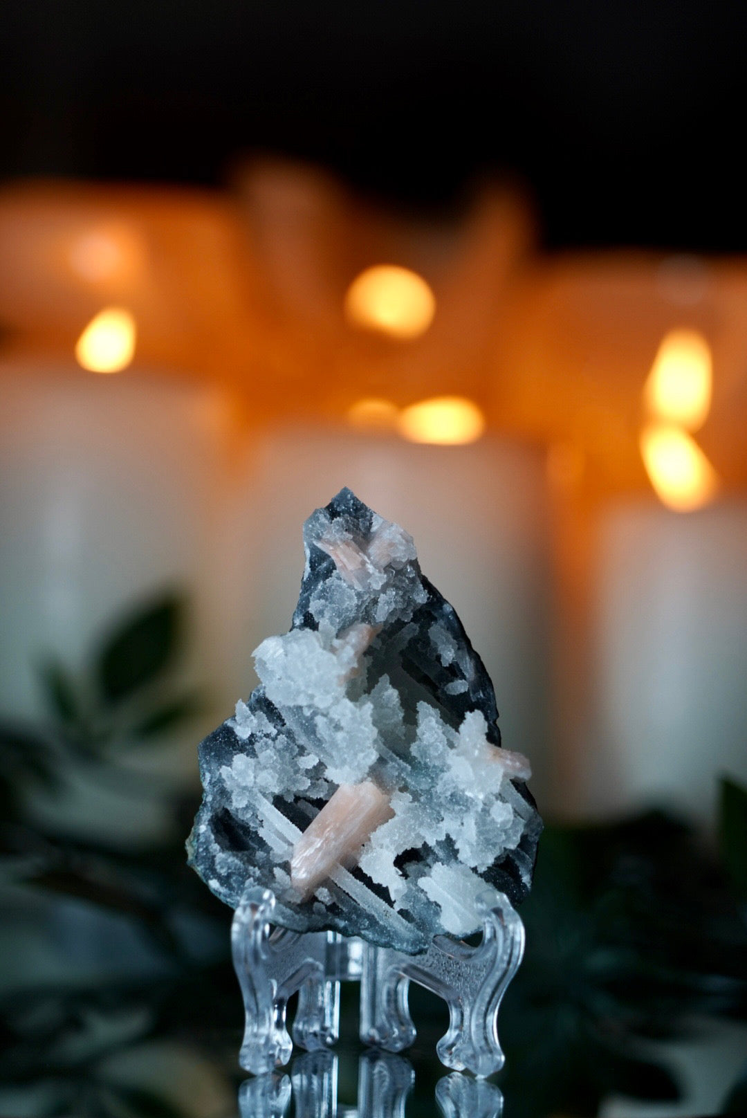 Black and White Apophyllite with Stilbite on Stand