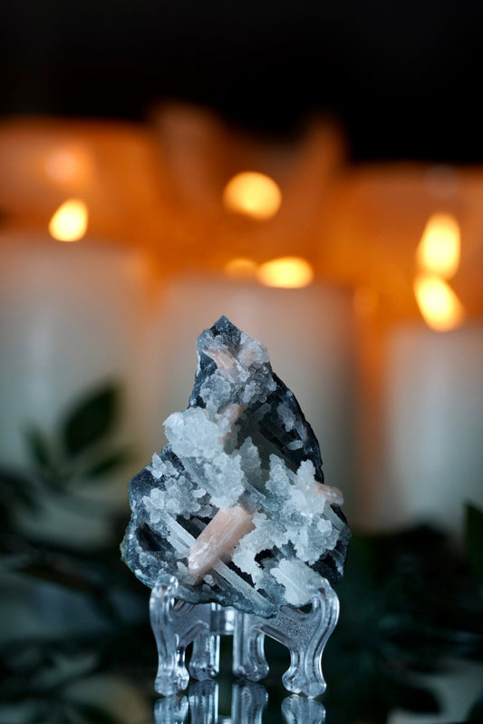 Black and White Apophyllite with Stilbite on Stand