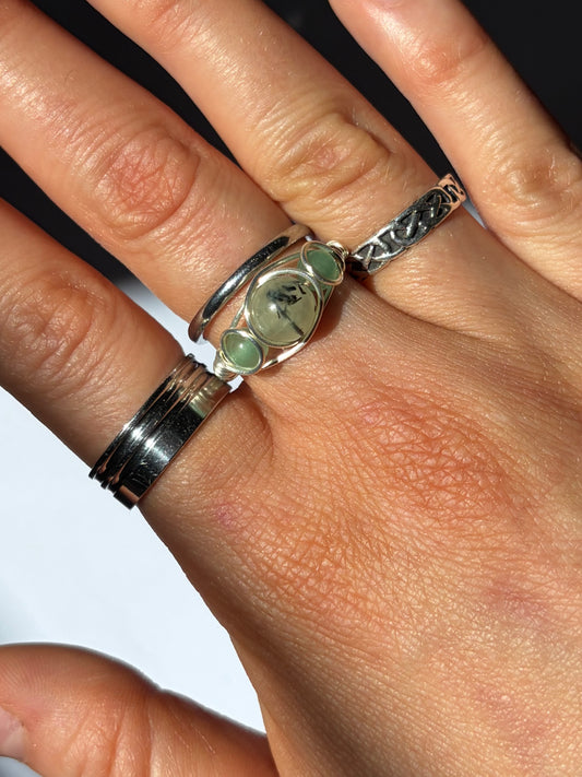 Wire-Wrapped Prehnite and Green Aventurine Ring (Pandora Size 59.5 - US Size 9.25)