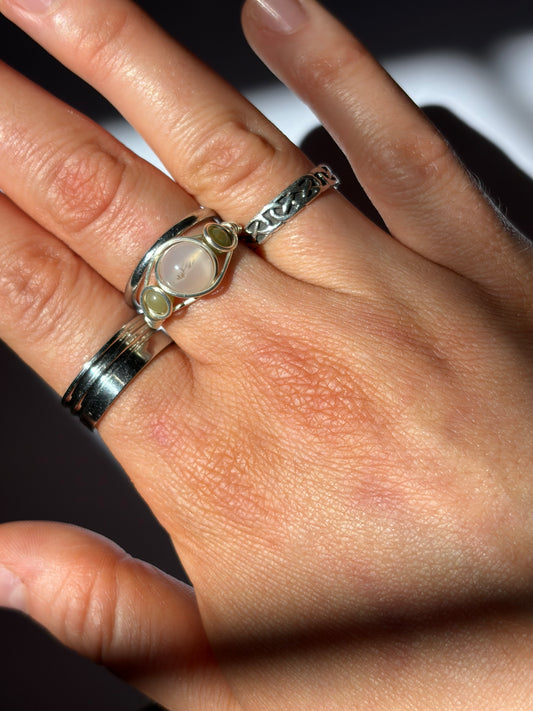 Wire-Wrapped Clear Quartz and Moss Agate (Pandora Size 55 - US Size 7)