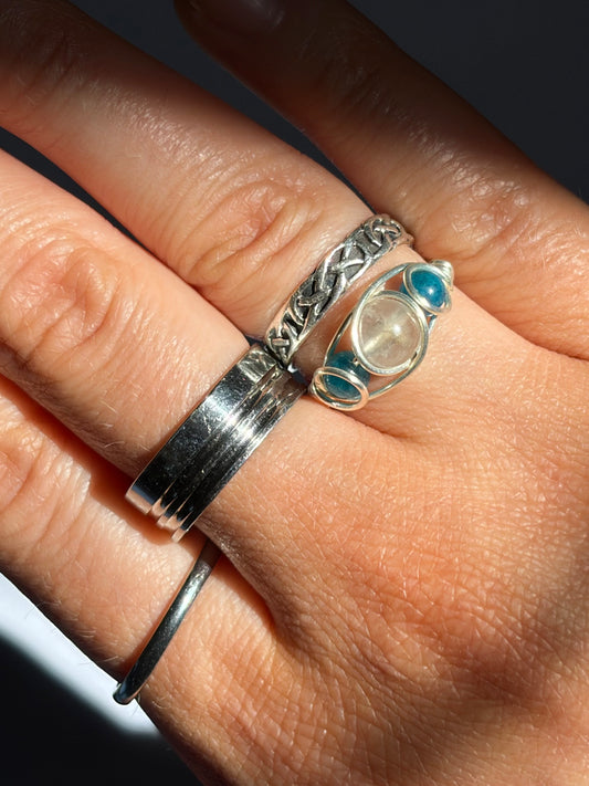 Wire-Wrapped Clear Quartz and Apatite Ring (Pandora Size 49 - US 5.25)