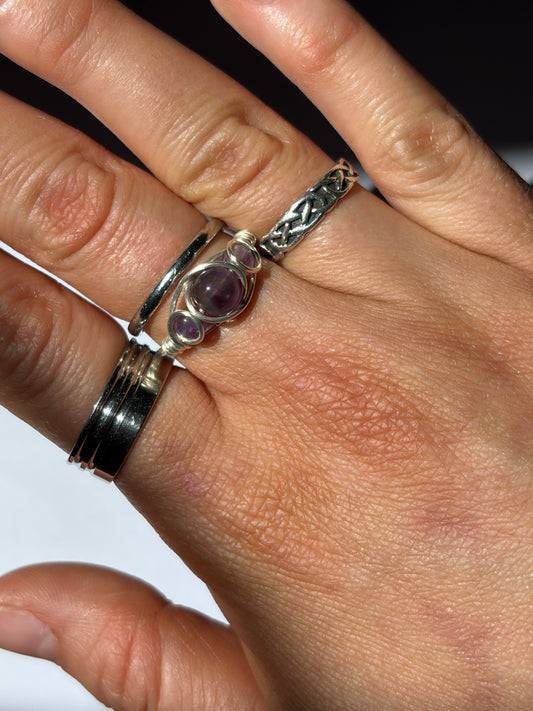 Wire-Wrapped Amethyst and Smokey Quartz Ring (Pandora Size 55 - US Size 7)