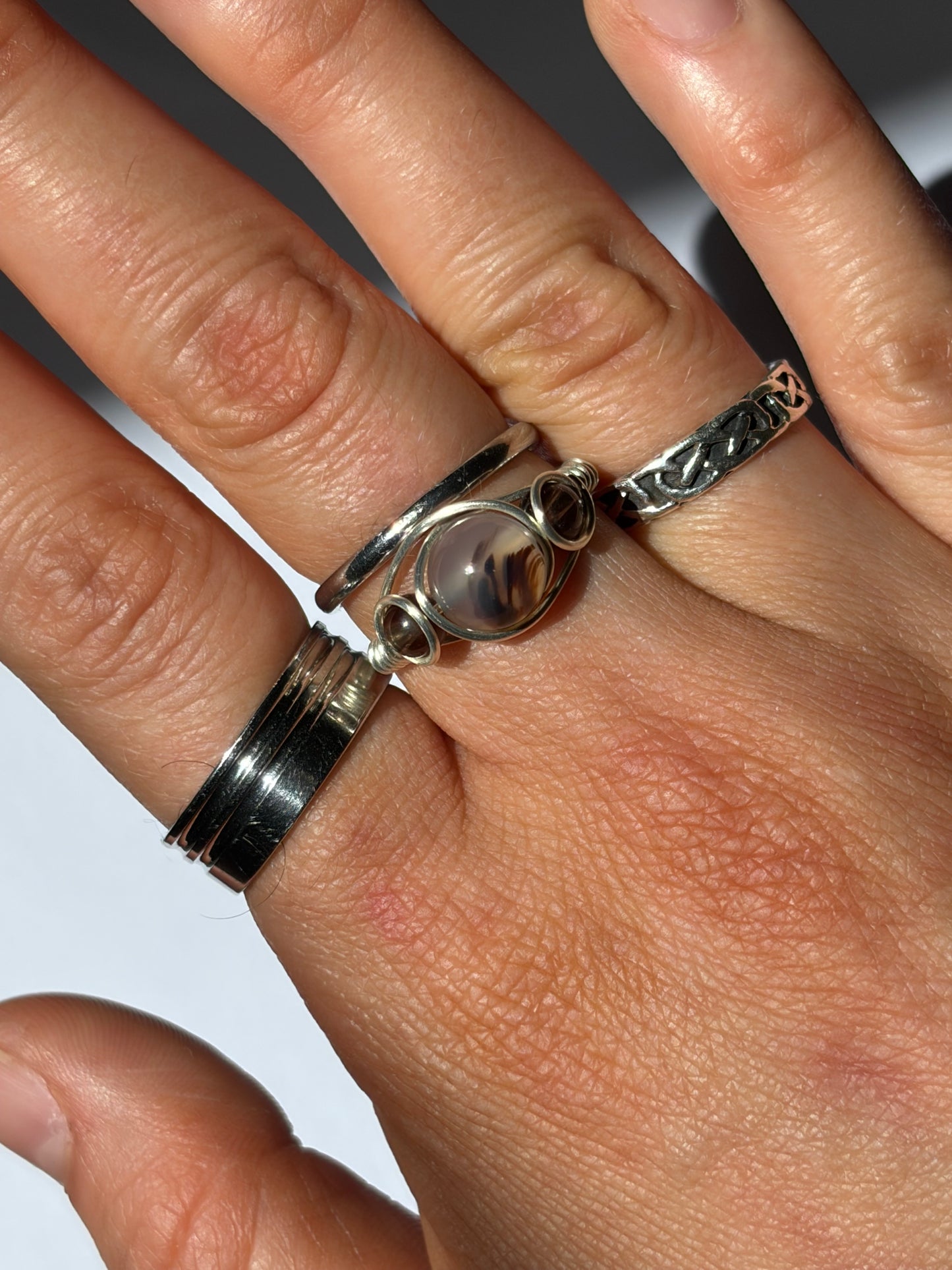 Wire-Wrapped Agate and Smokey Quartz Ring (Pandora Size 53.5 - US Size 6.75)