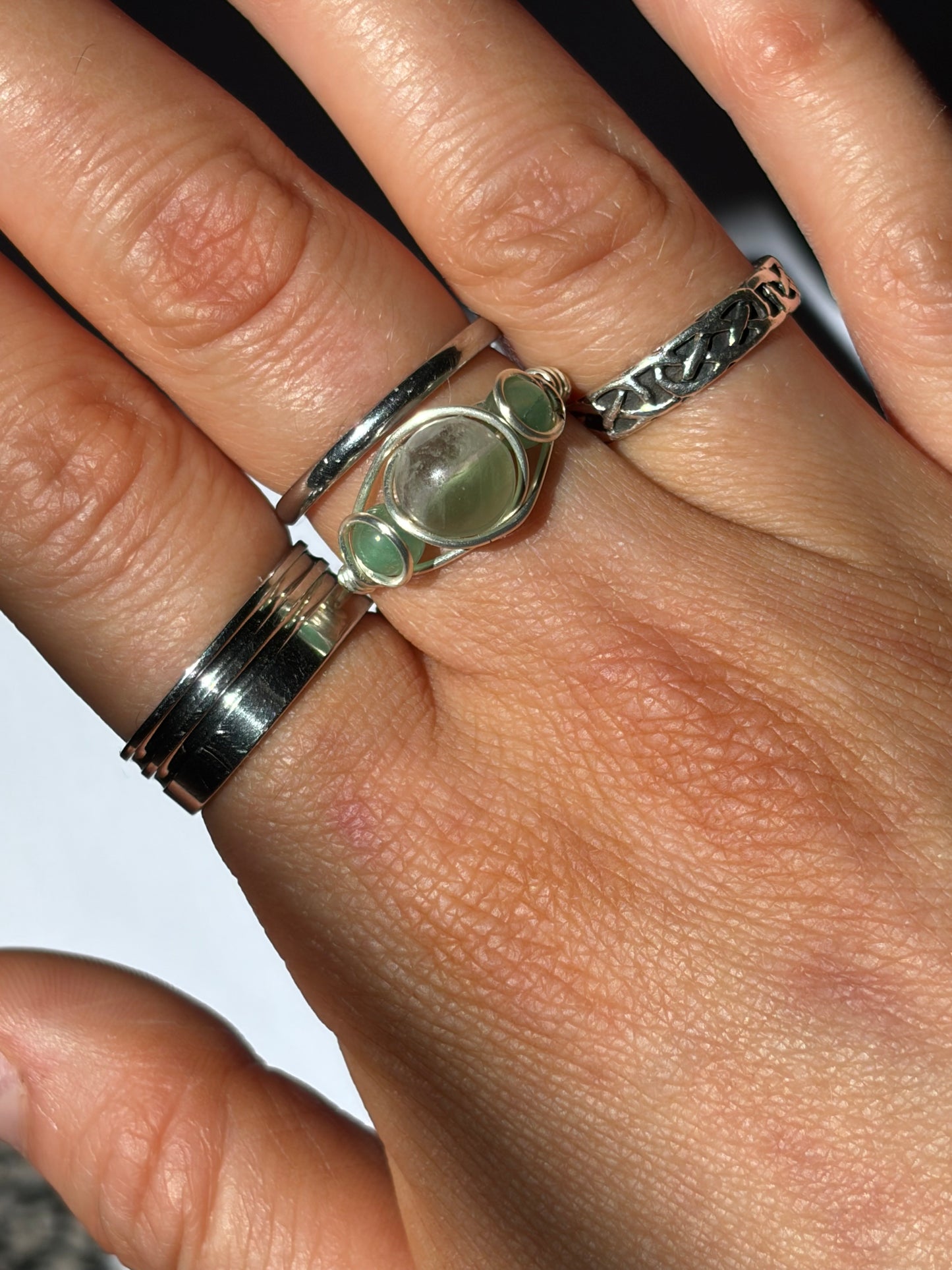 Wire-Wrapped Green Fluorite and Green Aventurine Ring (Pandora Size 55.5 - US Size 7.25)