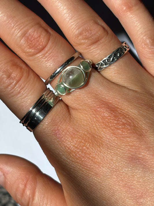 Wire-Wrapped Green Fluorite and Green Aventurine Ring (Pandora Size 55.5 - US Size 7.25)