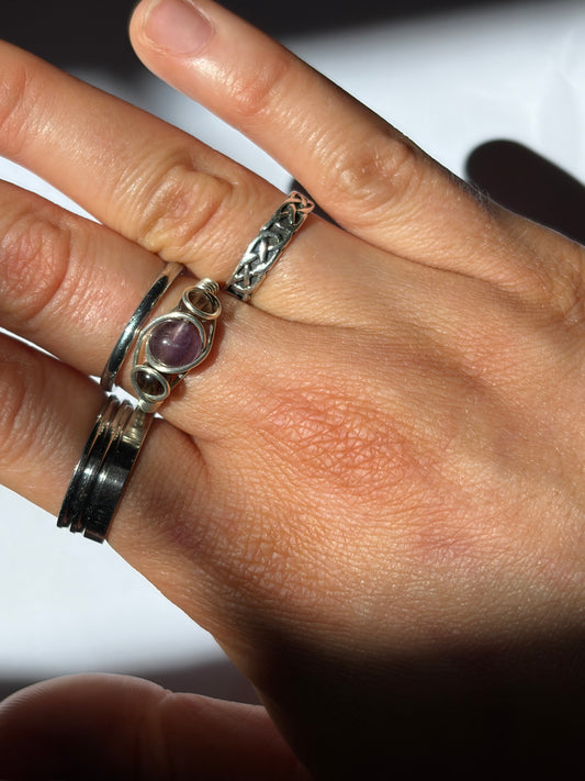 Wire-Wrapped Amethyst and Smokey Quartz Ring (Pandora Size 53 - US Size 6.65)