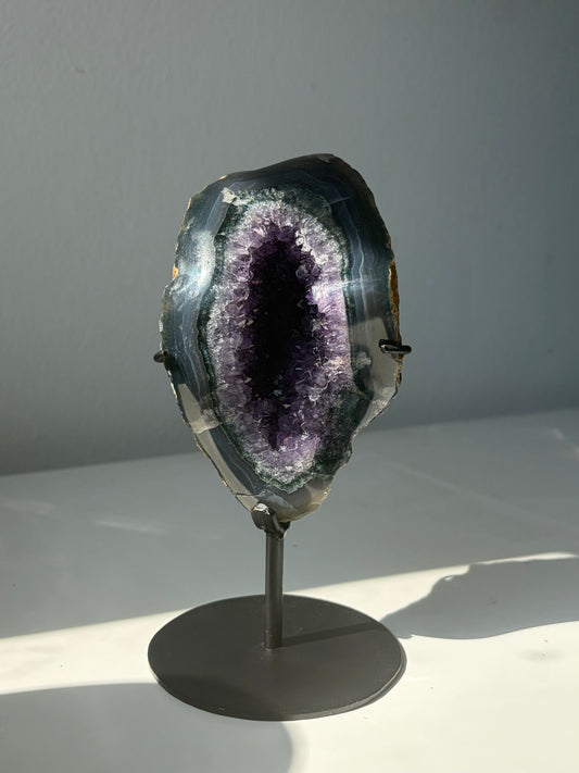 680g A Grade Amethyst Geode with Blue Lace Banding on Custom Stand