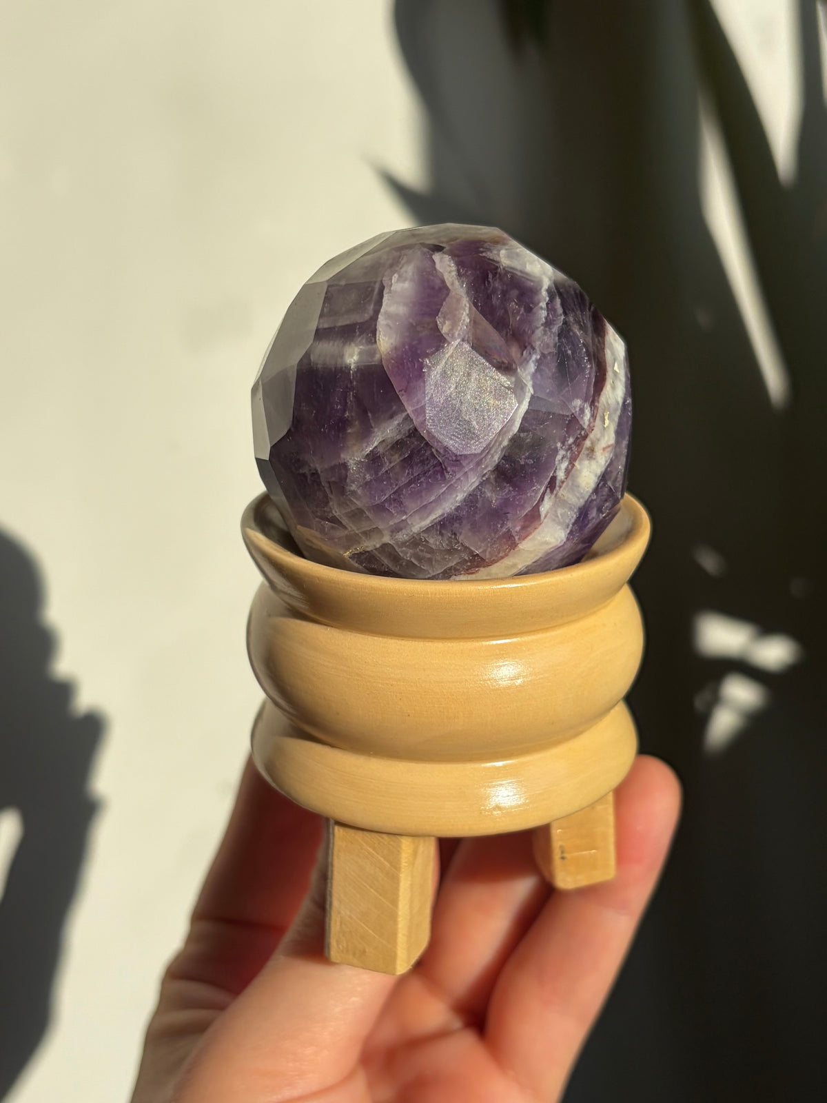 50mm Chevron Amethyst Faceted Sphere with stand