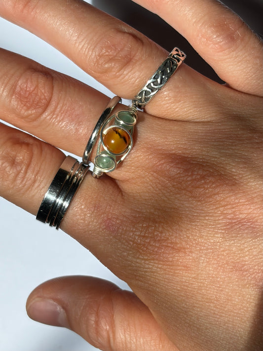 Wire-Wrapped Carnelian and Green Aventurine Ring (Pandora Size 60.5 - US Size 9.25)