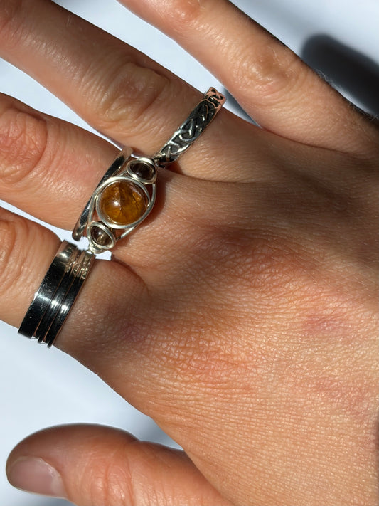 Wire-Wrapped Golden Healer and Smokey Quartz Ring (Pandora Size 58.5 - US Size 8.5)
