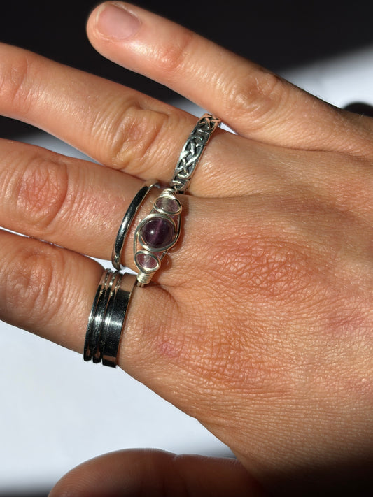 Wire-Wrapped Amethyst and Smokey Quartz Ring (Pandora Size 52 - US Size 6.5)