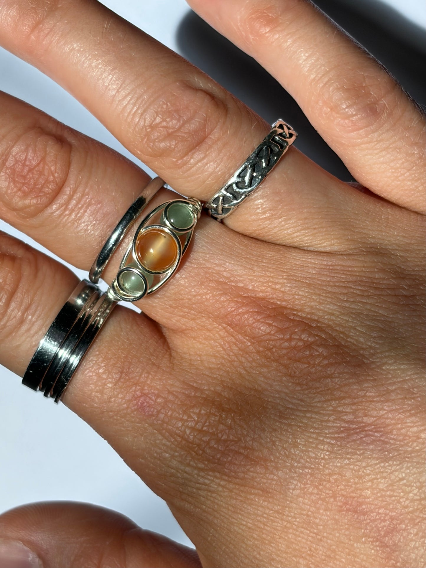 Wire-Wrapped Carnelian with Green Aventurine Ring ( Pandora Size 56 - US Size 7.5)