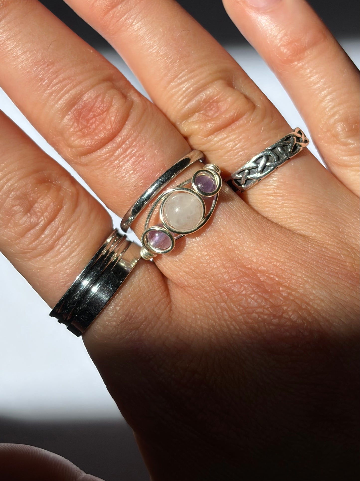 Wire-Wrapped Clear Quartz and Amethyst Ring (Pandora Size 56 - US Size 7.5)