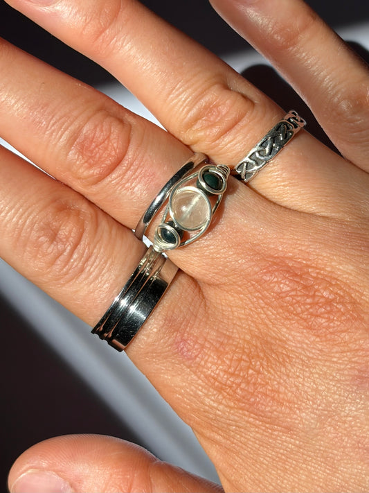 Wire-Wrapped Clear Quartz and Tree Agate Ring (Pandora Size 53.5 - 6.75)