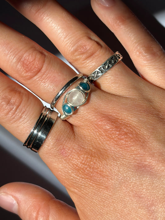Wire-Wrapped Clear Quartz and Apatite Ring (Pandora Size 58 - US Size 8.25)