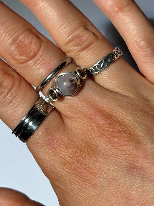 Wire-Wrapped Agate and Smokey Quartz Ring (Pandora Size 56 - US size 7.5)