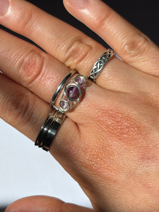 Wire-Wrapped Amethyst and Smokey Quartz Ring (Pandora Size 52.5 - US Size 6.25)
