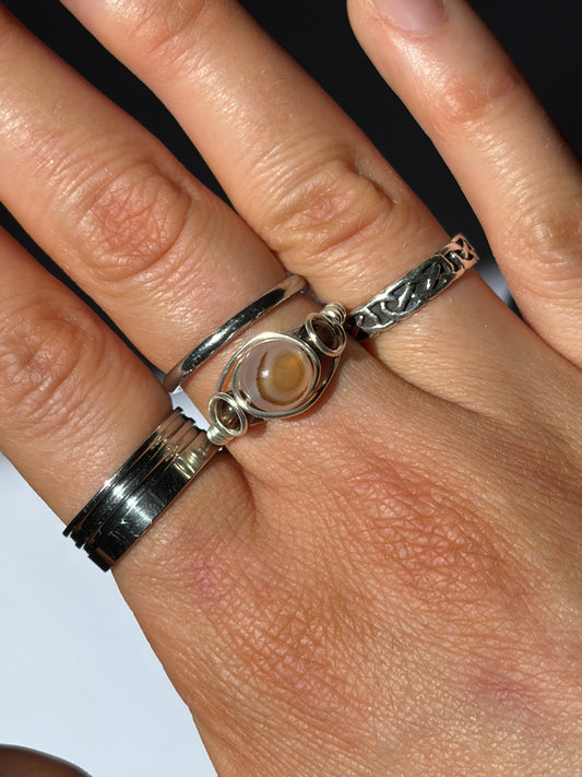 Wire-Wrapped Agate and Smokey Quartz Ring (Pandora Size 55 - US size 7)